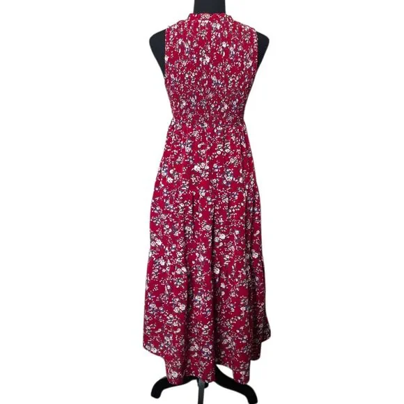 Red Floral Smocked Sleeveless Midi Dress Women’s Small - Picture 3 of 8